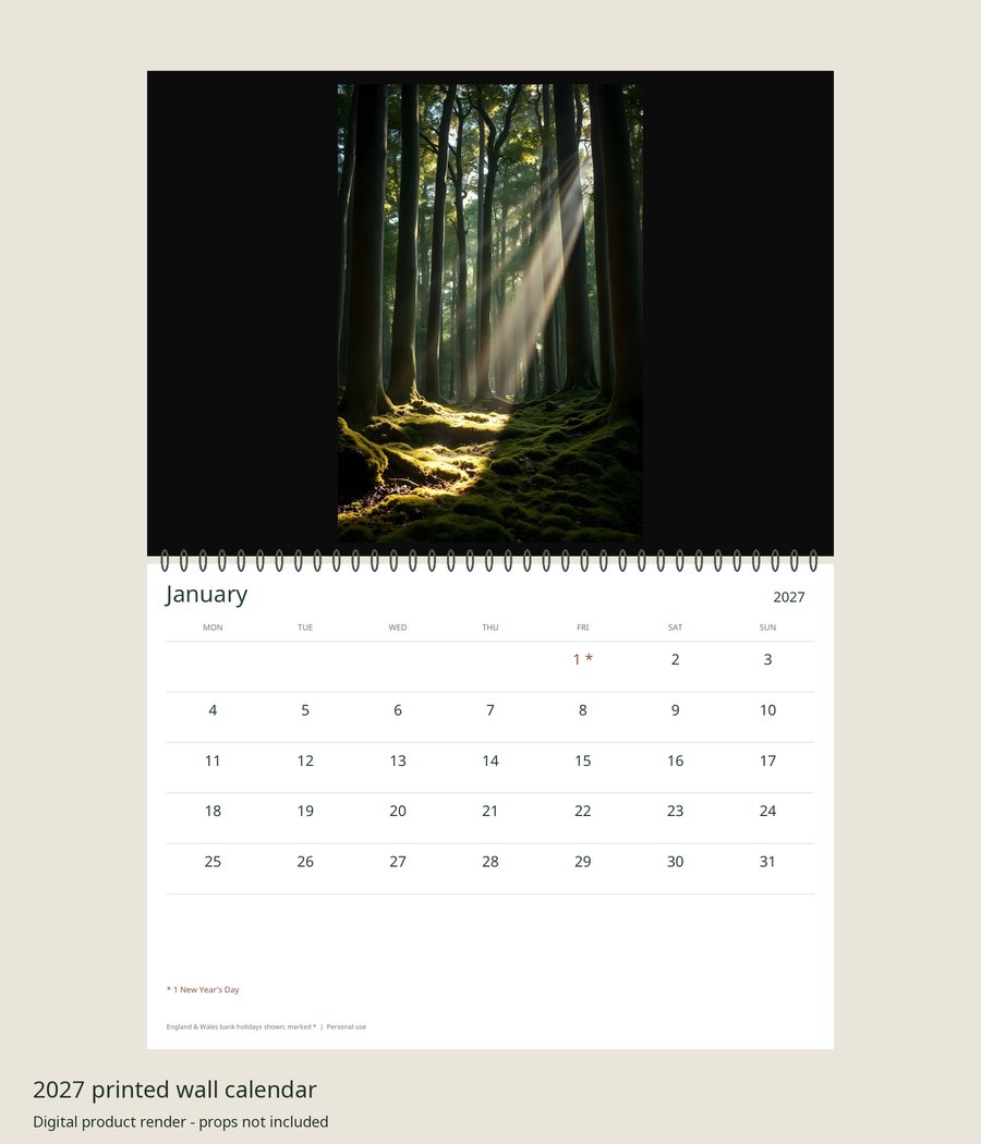 2027 Woodland Cottagecore Printed Wall Calendar | A4 Landscape | England & Wales Bank Holidays | AI Art, product preview