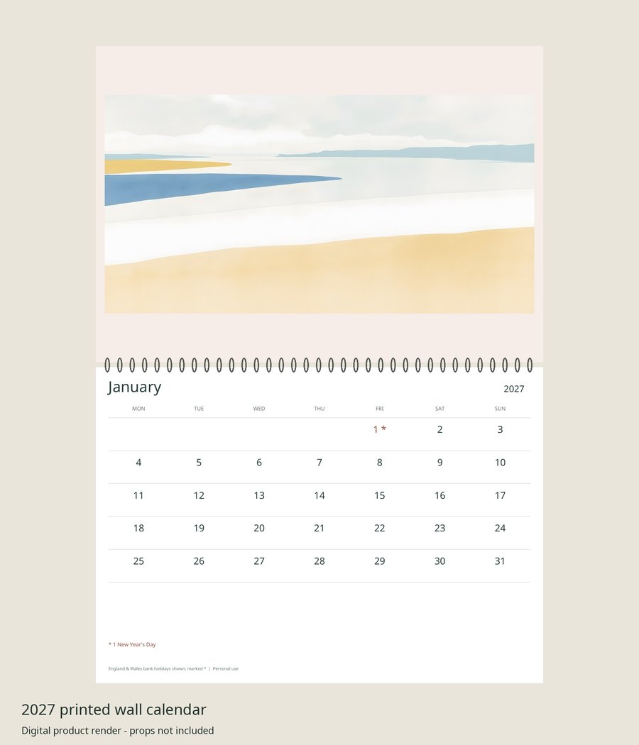 2027 Soft Coastal Printed Wall Calendar | A4 Landscape | England & Wales Bank Holidays | AI Art, product preview