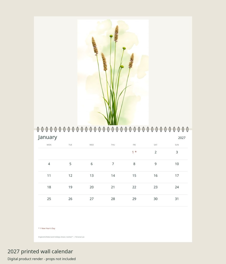 2027 Wildflower Botanical Printed Wall Calendar | A4 Landscape | England & Wales Bank Holidays | AI Art, product preview