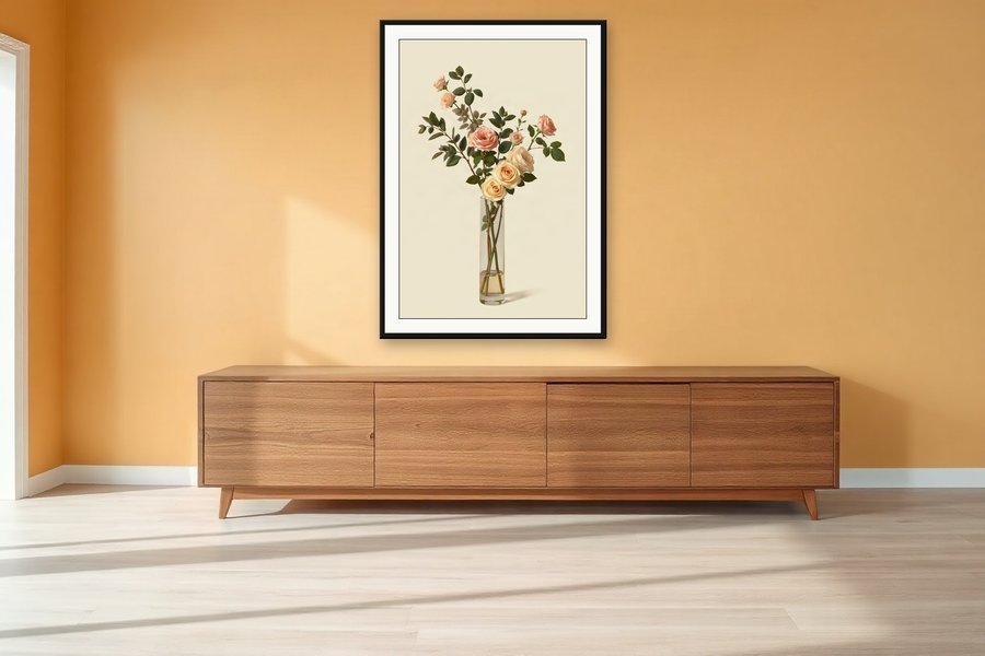 Roses, Tall Glass Vase, shown in a room setting