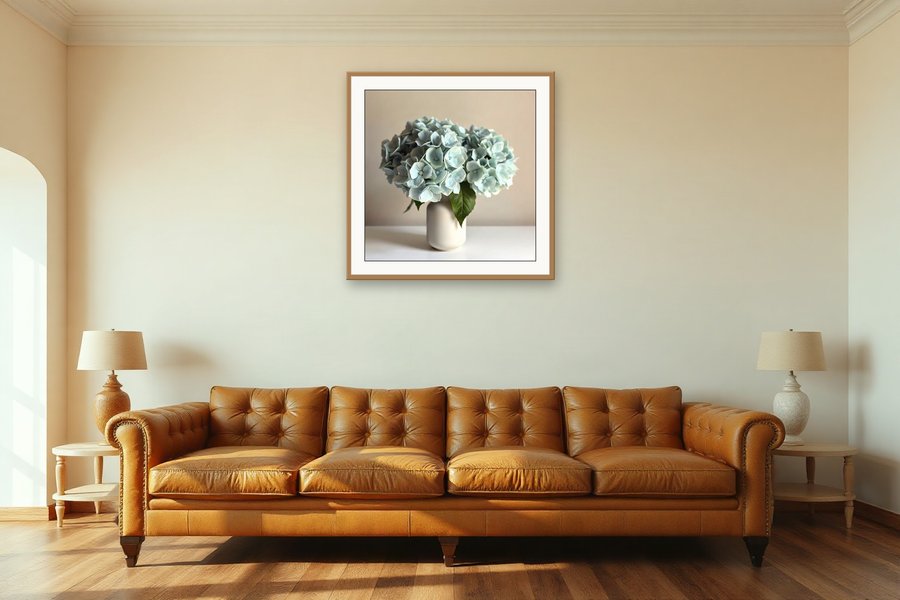 Hydrangea, Round Vase, shown in a room setting